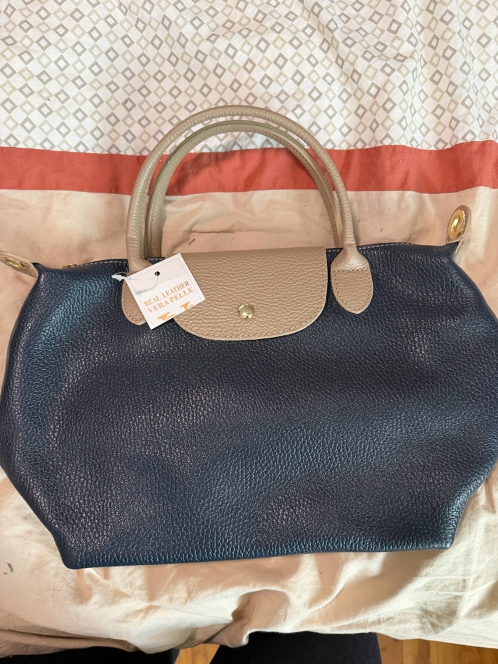 Neutral Trim Navy Leather Tote Bag